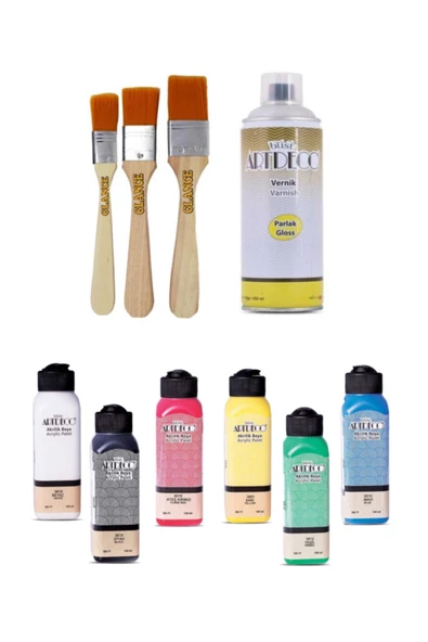 Artdeco 140 Ml 6 Renk Akrilik Boya+3'lü Zemin Fırça+400ml Parlak Sprey Vernik Ahşap Boyama Set ürün görseli 1
