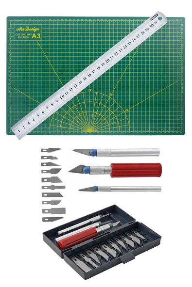 A3 Kesim Matı Çift Taraflı Kesim Altlığı Hobi Bıçak Seti Kretuar Bıçağı 13 Adet 30 Cm Çelik Cetvel ürün görseli 1