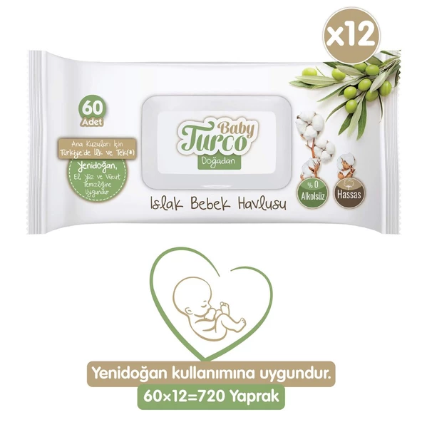 Baby Turco Doğadan Yenidoğan Islak Bebek Havlusu 12X60 Yaprak ürün görseli 1