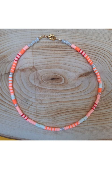 Pembe Beyaz Boncuk Fimo Kolye Renkli Kadın Kolye Pytkfımoklye0116 ürün görseli 1