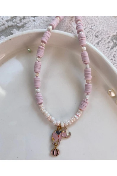Fil Beyaz Pembe Boncuk Fimo Kolye Renkli Kadın Kolye Pytkfımoklye8 ürün görseli 1