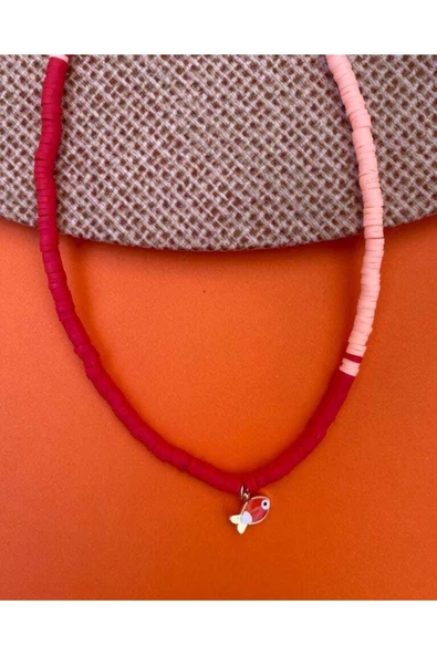 Balık Kırmızı Pembe Boncuk Fimo Kolye Renkli Kadın Kolye ürün görseli 1