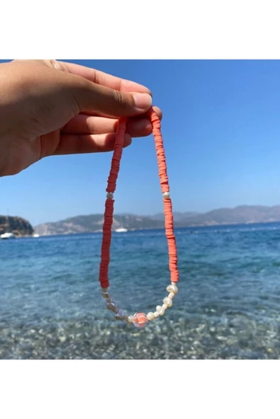 Turuncu Beyaz Renkli Boncuk Fimo Kolye Pytkfımo0025 - Resim 2