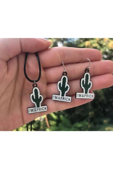 Kaktüs Bitki Kolye Küpe Renkli Unisex Metal Kolye Küpe Seti Pytkkkk0pe110 ürün görseli 1