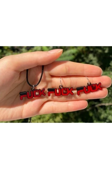 F*ck Yazılı Renkli Unisex Deri Ip Metal Kolye Küpe Seti Pytkkkt0016 ürün görseli 1