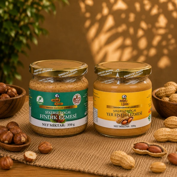 AdresS Fındık - Şekersiz Fındık Ezmesi ve Yer Fıstığı Ezmesi 2 x 350 g ürün görseli 1