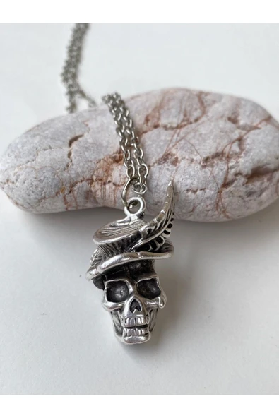 Kurukafa Skull Şapka Tüy Zincir Kolye PYTKZNKLY69 ürün görseli 1