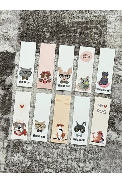 Kedi Köpek Hayvan Tasarım Karışık 10 Adet Kitap Ayraç Seti Pytkayrac101 ürün görseli 1