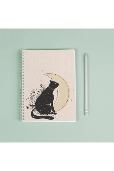 Çok Renkli Kedi Ay Çiçek Spiralli Telli 96 Yaprak Çizgisiz Defter Pytkdt063 ürün görseli 1