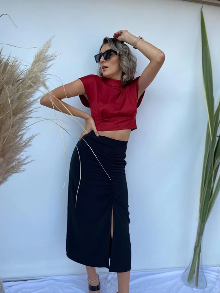 Kadın Kırmızı Crop Bluz - Resim 2