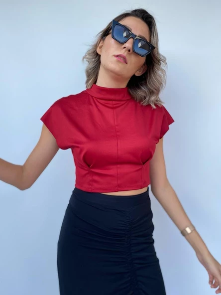 Kadın Kırmızı Crop Bluz - Resim 6