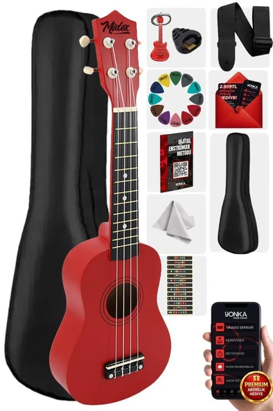 Midex UKX-901RD Kırmızı Soprano Ukulele (Askı Çanta Pena) ürün görseli 1