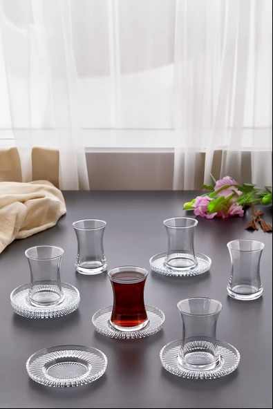 12 Parça Çay Bardağı Seti Takımı -6 Kişilik Çay Bardak Seti - Çay Bardağı ve Elysia Model Çay Tabağı ürün görseli 1