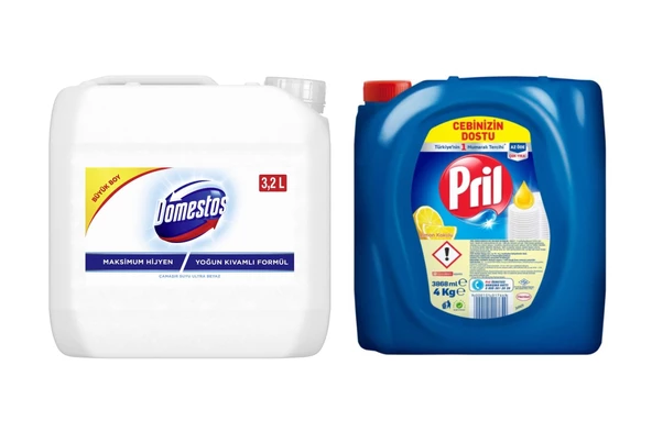 Pril Sıvı Bulaşık Deterjanı 4 KG + Domestos Ultra Beyaz Çamaşır Suyu 3.2 L (2'li set) ürün görseli 1