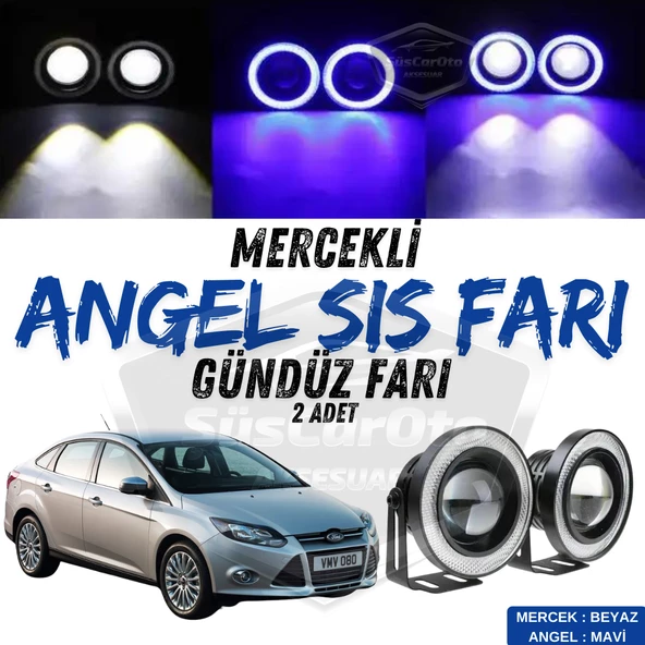 Ford Focus 3 2011-2014 Uyumlu Üniversal Mercekli Angel Sis Farı Metal Su Geçirmez 76 mm Mavi Halkalı Gündüz Farı Angel Eyes 2 Adet ürün görseli 1