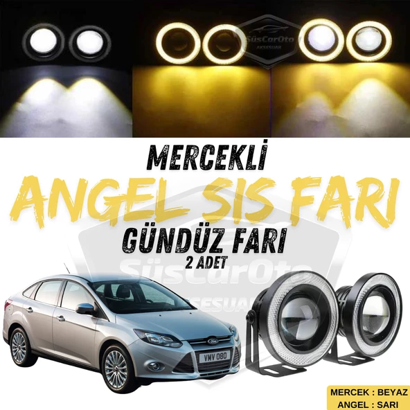Ford Focus 3 2011-2014 Uyumlu Üniversal Mercekli Angel Sis Farı Metal Su Geçirmez 76 mm Sarı Halkalı Gündüz Farı Angel Eyes 2 Adet ürün görseli 1