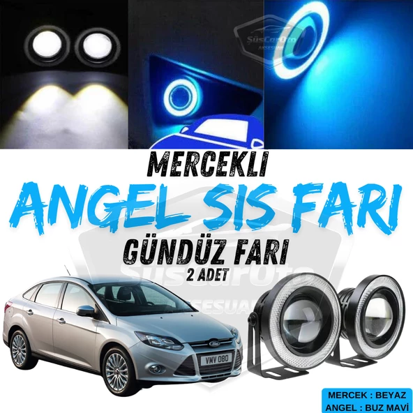 Ford Focus 3 2011-2014 Uyumlu Üniversal Mercekli Angel Sis Farı Metal Su Geçirmez 76 mm Buz Mavi Halkalı Gündüz Farı Angel Eyes 2 Adet ürün görseli 1
