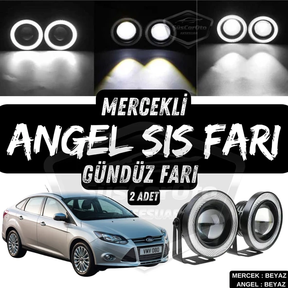 Ford Focus 3 2011-2014 Uyumlu Üniversal Mercekli Angel Sis Farı Metal Su Geçirmez 76 mm Beyaz Halkalı Gündüz Farı Angel Eyes 2 Adet ürün görseli 1