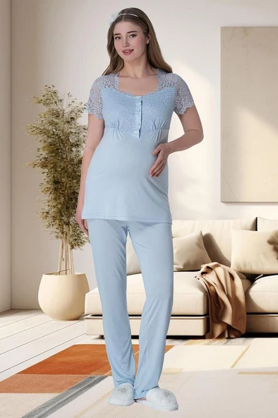 Mecit 6009 Bayan Hamile Lohusa Mavi Kısa Kollu Pijama Takımı ürün görseli 1