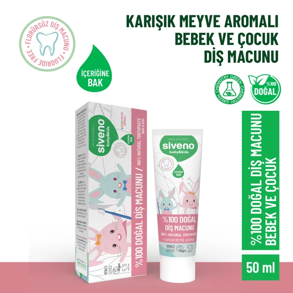 Siveno %100 Doğal Florürsüz Karışık Meyve Aromalı Bebek ve Çocuk İçin Diş Macunu 50 ml ürün görseli 1