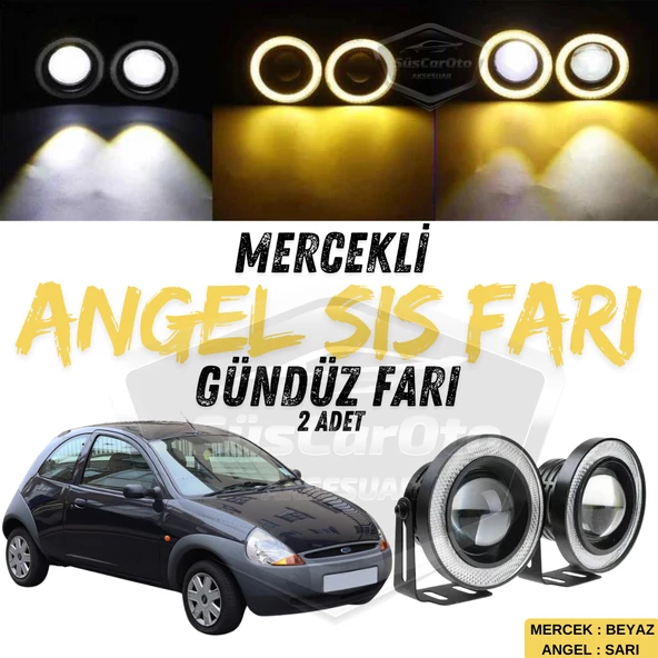 Ford Ka 1996-2008 Uyumlu Üniversal Mercekli Angel Sis Farı Metal Su Geçirmez 76 mm Sarı Halkalı Gündüz Farı Angel Eyes 2 Adet ürün görseli 1
