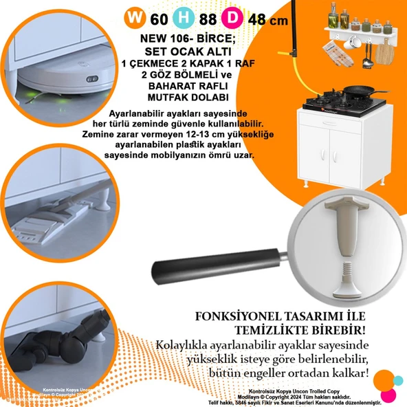 Modilayn BİRCE M-60 x 87 x 48 cm Kapaklı Set Ocak Altı Dolap ve Baharat Rafı ürün görseli 1