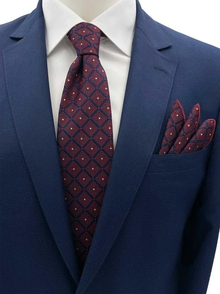 Brianze 8 Cm Bordo Lacivert Kare Motif Desen Kravat Mendil Set ürün görseli 1