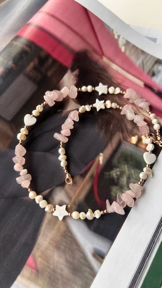 Pembe kuvars inci kolye ürün görseli 1