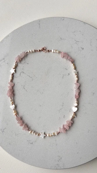 Pembe kuvars inci kolye - Resim 5