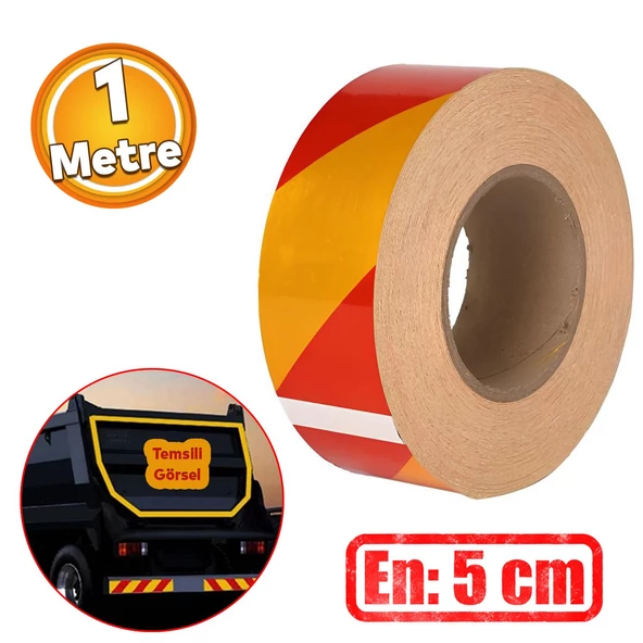 Reflektörlü Yapışkanlı Parlayan Fosfor Sarı Kırmızı Reflektif Düz Şerit Bant 5 cm 1 Mt İkaz Bandı ürün görseli 1