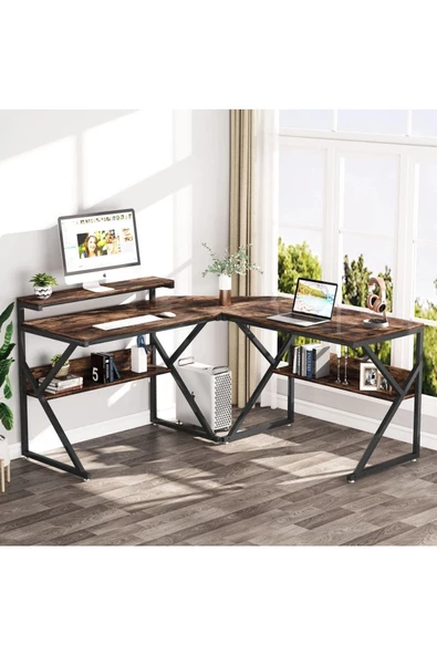 Zizuva L Model Monitör Raflı Çalışma Masası ürün görseli 1