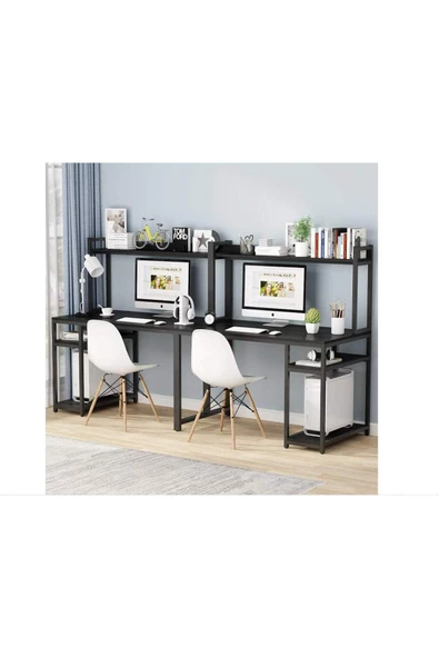 Zizuva Tasarım 2 Kişilik Raflı Ergonomik Siyah Çalışma Masası ürün görseli 1
