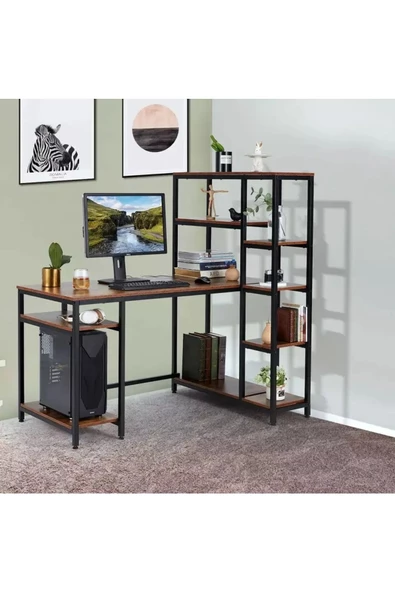 Zizuva Tasarım Monitör Raflı Kitaplıklı Çalışma Masası ürün görseli 1