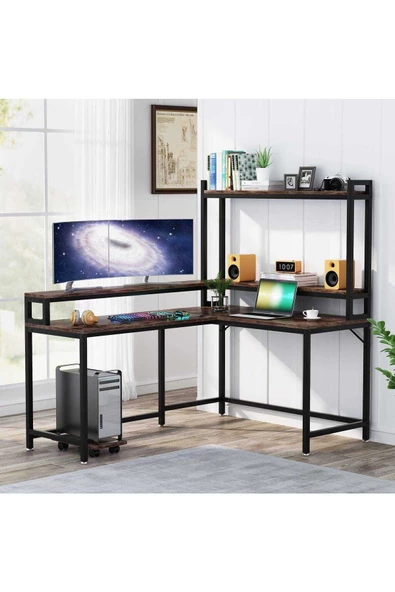 Zizuva Tasarım Ergonomik Raflı L Model Çalışma Masası ürün görseli 1