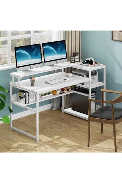 Zizuva Tasarım Monitör Raflı Kitaplıklı Beyaz Çalışma Masası ürün görseli 1