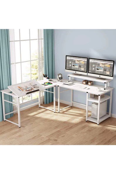 Zizuva Tasarım Beyaz L Model Monitör Raflı Çizim Ve Çalışma Masası Modeli ürün görseli 1