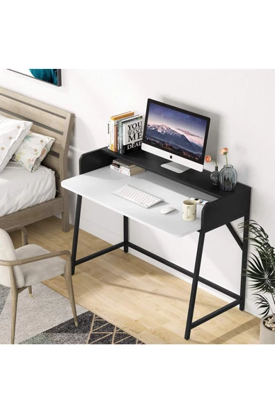 Zizuva Tasarım Monitör Raflı Ergonomik Beyaz Çalışma Masası ürün görseli 1