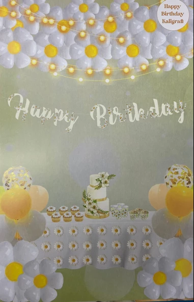Papatya Temalı Happy Bırthday Kaligrafi Banner  110x20 cm ürün görseli 1