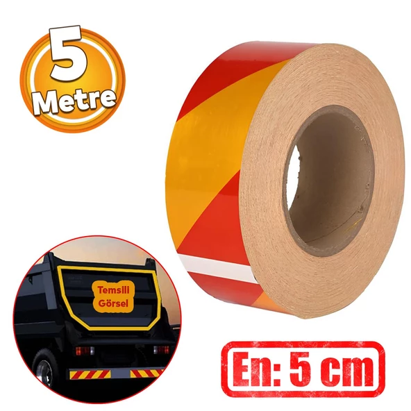 Reflektörlü Yapışkanlı Parlayan Fosfor Sarı Kırmızı Reflektif Düz Şerit Bant 5 cm 5 Mt İkaz Bandı ürün görseli 1