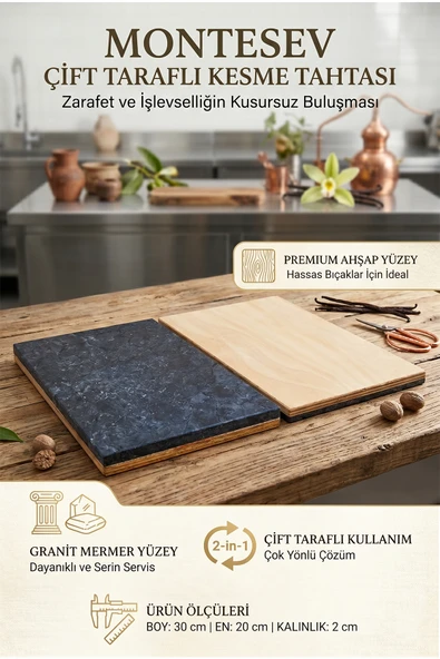 Çift Taraflı Kesme Tahtası Sunum Doğrama Servis Tahtası Sağlam Ahşap Ve Granit Mermer ürün görseli 1