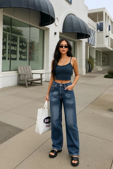 Kadın Yüksek Bel Skater Fit Jean Pantolon Lacivert ürün görseli 1