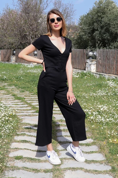 Günlük Yazlık V Yaka Kısa Paça Tasarım Kadın Tulum ürün görseli 1