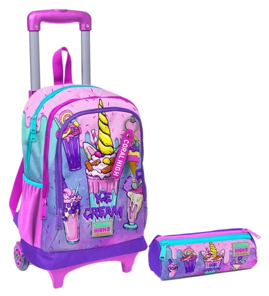 Coral High Pembe Mor Dondurma Işıklı Tekerlekli Çekçek Çanta ve Kalemlik Seti - Kız Çocuk ürün görseli 1