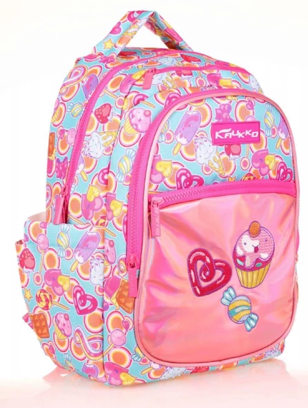Kaukko Kids Aynalı Nakışlı Cupcake Pembe Kız Çocuk Okul Sırt Çantası ürün görseli 1