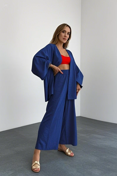 Keten Kadın Salaş Lacivert Kimono İkili Takim ürün görseli 1