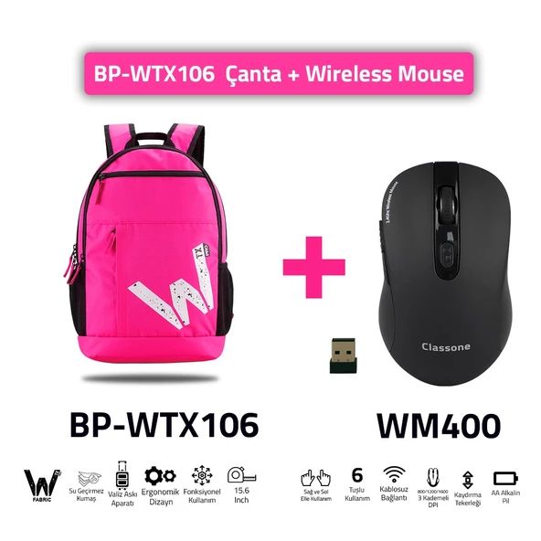 Classone BP-WTX106  Wtxpro Su Geçirmez 15.6" Laptop Notebook Sırt Çantası Pembe + Kablosuz Mouse ürün görseli 1