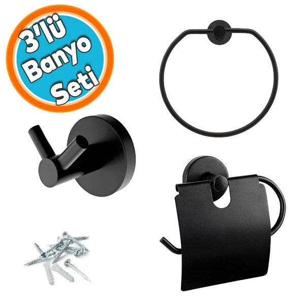 Metal Sağlam Aparat Vidalı Lavabo Banyo Wc Bez Havlu Çatal Askı Siyah Tuvalet Kağıtlık 3'lü Set ürün görseli 1