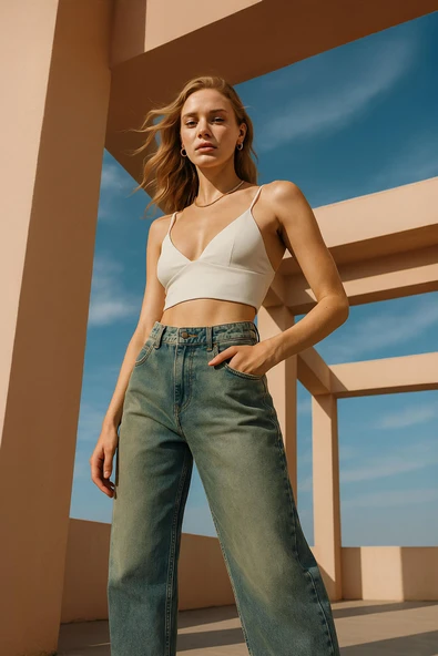 Kadın Yüksek Bel Skater Fit Jean Pantolon Tint Yeşil ürün görseli 1