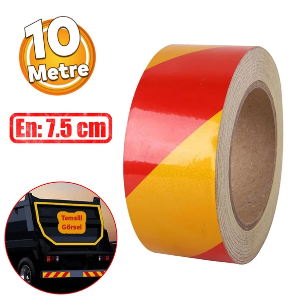 Reflektörlü Yapışkanlı Parlayan Fosfor Sarı Kırmızı Reflektif Düz Şerit Bant 7.5 cm 10 Mt İkaz Band ürün görseli 1
