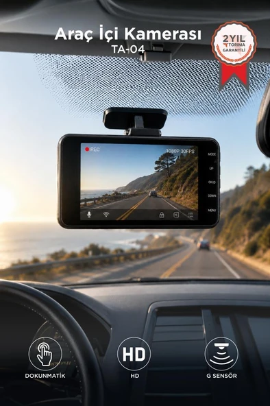 Araç İçi Kamera Gece Görüşlü Dokunmatik LCD Ekranlı 1080P Ön ve Arka Araç Kamerası TA04 Siyah ürün görseli 1